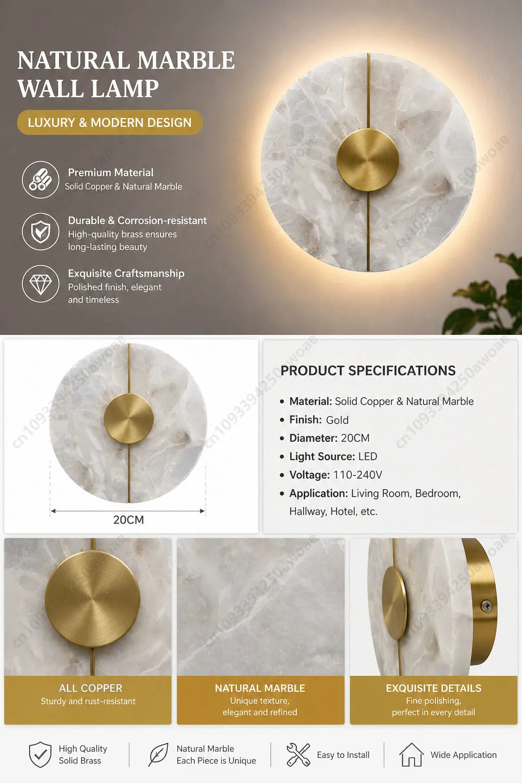 Elegante Wandleuchte Dischma 9223 aus Marmor und Kupfer – Ansicht 15 – Davos & Co.